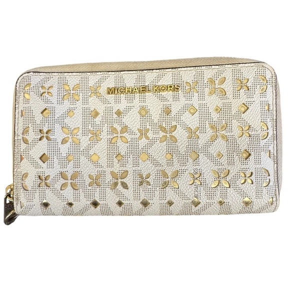 Michael Kors Gold Laser Logo Embossed Zip Around Wallet - Picture 1 of 8